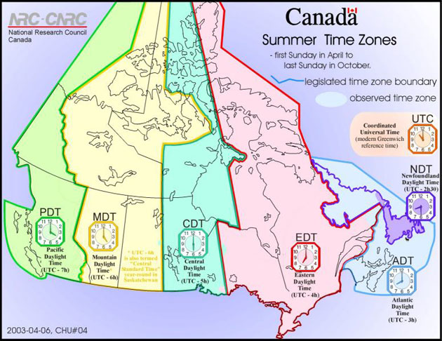 A map of Canada showing various time zones across the country during the summer