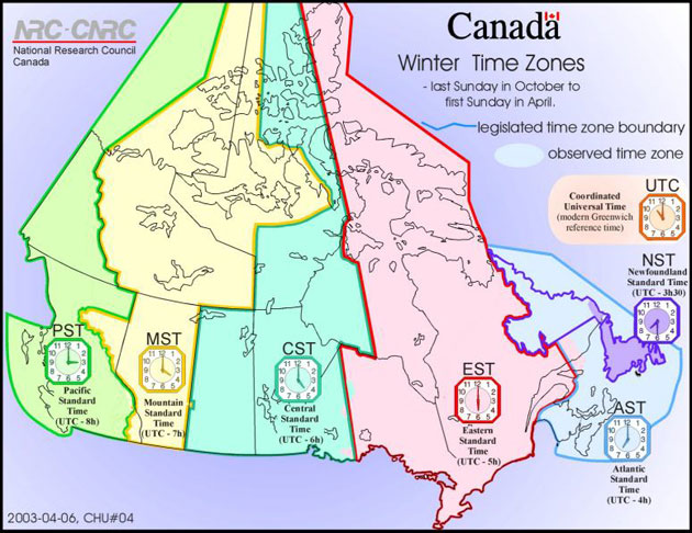 A map of Canada showing various time zones across the country during the winter